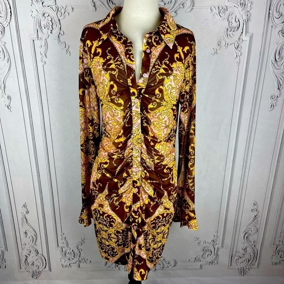 Elegant Brown and Gold Long Sleeves Women’s Midi Dress - Picture 3 of 6